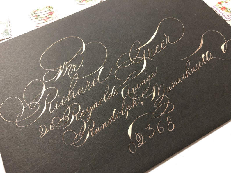 Spencerian script Pearl ink black A7 envelopes with super flourished ornamental script Fancy custom wedding stationary unique fun