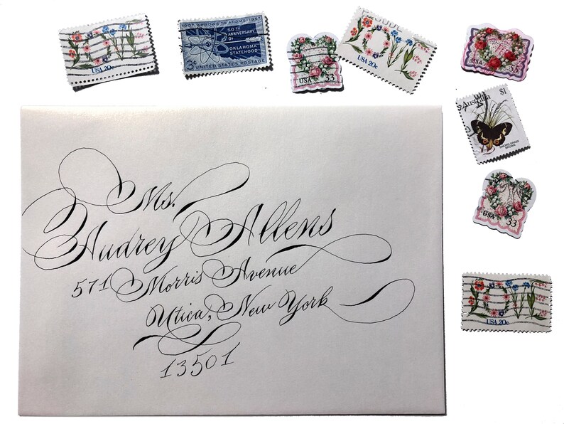 Gala script Pearl blonde gold metallic envelopes with black ink in art nouveau script Fancy custom wedding stationary unique fun