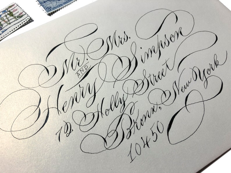 Gala script Pearl blonde gold metallic envelopes with black ink in art nouveau script Fancy custom wedding stationary unique fun