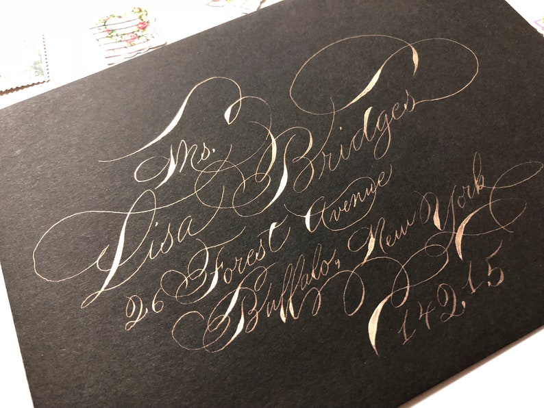Spencerian script Pearl ink black A7 envelopes with super flourished ornamental script Fancy custom wedding stationary unique fun