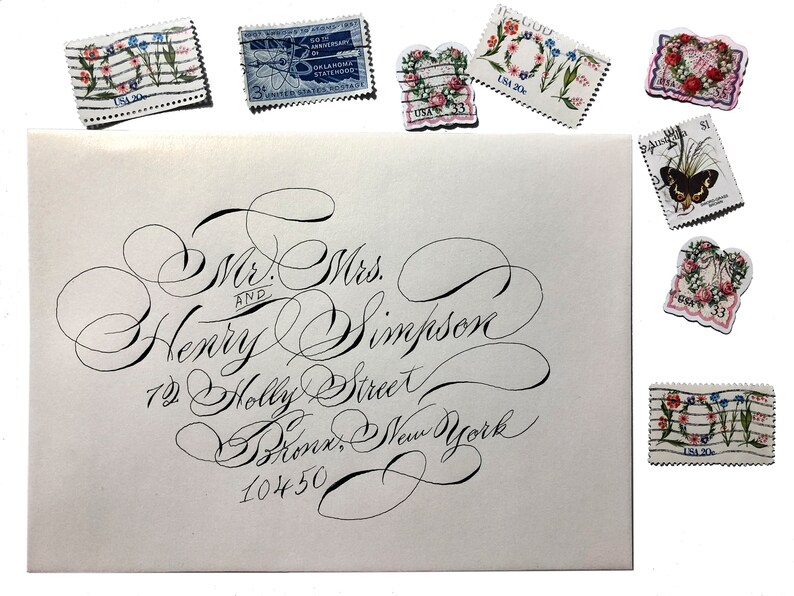 Gala script Pearl blonde gold metallic envelopes with black ink in art nouveau script Fancy custom wedding stationary unique fun