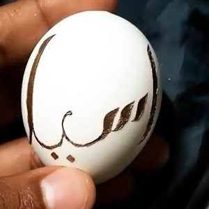 Peut inclure: Un œuf blanc avec un motif de calligraphie marron. Le motif représente le mot "Leba" en arabe.