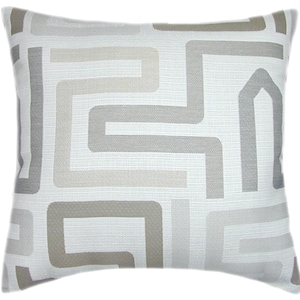 May include: Square decorative pillow with a geometric pattern in shades of gray and beige on a white background. The design features a maze-like arrangement of lines, creating a modern and stylish look. The pillow has a textured appearance.