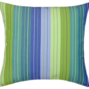 May include: A striped pillow with green, blue, and light blue stripes. The pillow is rectangular and has a soft, plush feel.