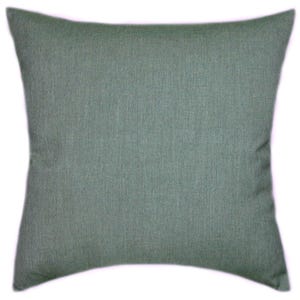 May include: A square, sage green pillow with a textured fabric. The pillow has a simple, classic design, and is likely used for home decor. The pillow is a solid color, with no patterns or embellishments.