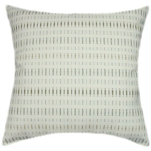 May include: A white throw pillow with a subtle pattern of small, gold and green lines.