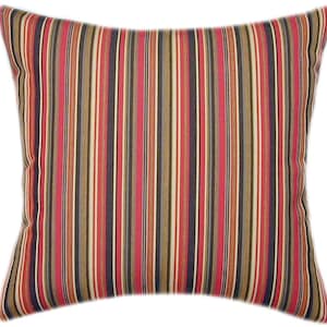 May include: A striped pillow with red, brown, beige, and black stripes. The pillow is made of a soft, woven fabric.