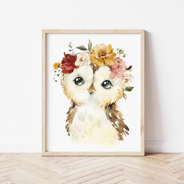 Printable Floral Owl Nursery Art. Printable Owl Art. Girl Woodland Owl Nursery Print. Nursery Printable. Boho Owl Print for Girls