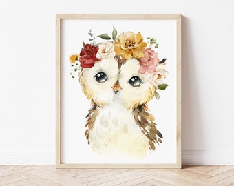 Printable Floral Owl Nursery Art. Printable Owl Art. Girl Woodland Owl Nursery Print. Nursery Printable. Boho Owl Print for Girls