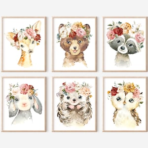DIGITAL- Floral Boho Woodland Animal Nursery Prints, Set of 6 Garden Floral Woodland Animal Prints. Baby Girl Nursery Wall Art. Girl Nursery