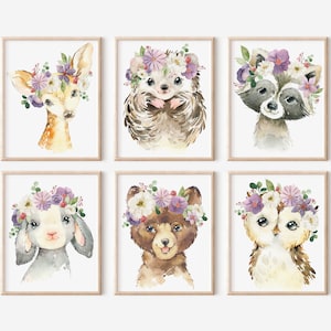 Dusty Purple Floral Woodland Nursery Animal Prints PRINTABLE Digital Files, Lavender Girl Nursery Decor, Lilac Nursery Wall Art Prints