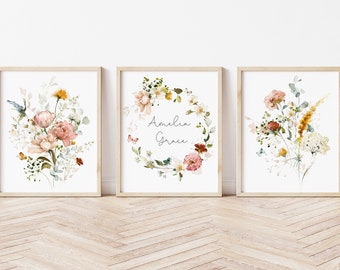 DIGITAL Set of Three Wildflower Custom Name Prints, Girls Bedroom Floral Wall Art Prints. Floral Nursery Decor, Boho Baby Girl Nursery Decor