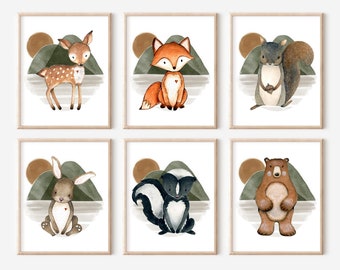 DIGITAL- Boho Woodland Animal Nursery Prints, Boy Woodland Nursery Woodland Animal Posters, Set of 6 Sage Earthy Minimalist Prints,