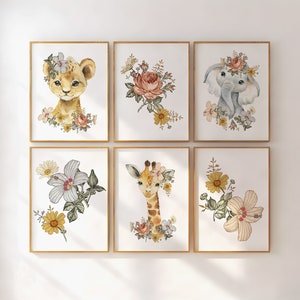 DIGITAL Vintage Floral Safari Animal Printables. Girl Boho Nursery Decor. Muted Colors Earth Tone Floral Nursery Prints. Safari Nursery Art