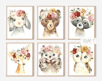 Set of 6 Boho Woodland Nursery Prints. Girl Nursery Decor. Girl Woodland Nursery Decor Girl. Girl Nursery Art. Floral Animal Nursery Prints