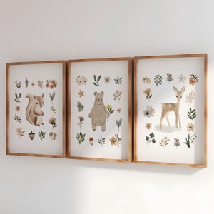 DIGITAL Modern Floral Woodland Nursery Prints, Neutral Nursery Decor, Woodland Animals, Plants, Muted Colors Nursery, Natural Nursery Art