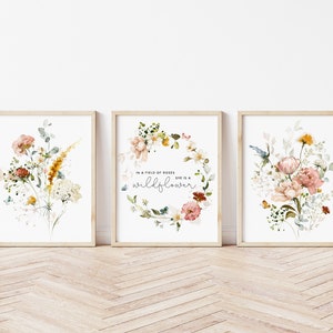 DIGITAL Floral Nursery Wall Art. Set of 3 in a Field of Roses She is a Wildflower Prints. Girl ...