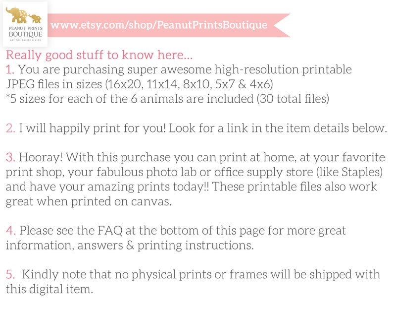 May include: A pink and white text graphic with the text "Really good stuff to know here..." followed by a list of five numbered points. The text includes the website address "www.etsy.com/shop/PeanutPrintsBoutique".