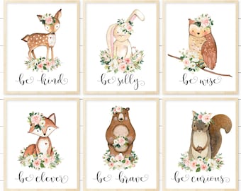 Decoración de guardería de niña con diseño de bosque, arte de pared imprimible para guardería de niña, decoración de guardería de niña con diseño floral ruborizado, arte de guardería de niña, decoración de guardería con diseño de bosque
