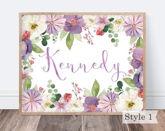 Personalized Purple Floral Nursery Print Digital File. Lavender Nursery Art. Lavender Decor. Purple and Teal Floral Watercolor Baby Name Art