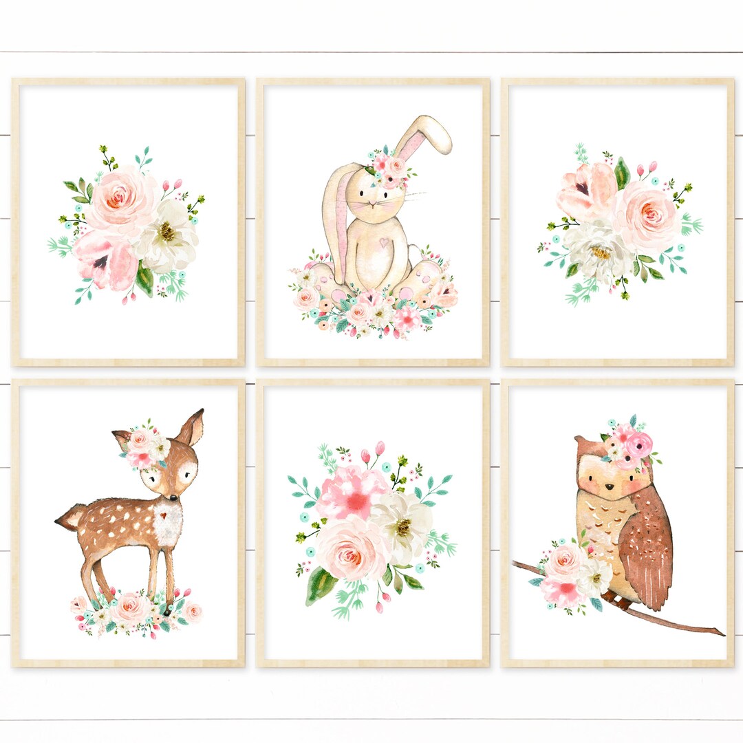 Girl Woodland Nursery Art. Woodland Nursery Decor. Pink Floral Nursery ...