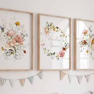 Ensemble NUMÉRIQUE d'empreintes de nom de fleurs sauvages, décoration florale de chambre de bébé, décoration de chambre d'enfant bohème, prénom de bébé personnalisé nom de bébé personnalisé