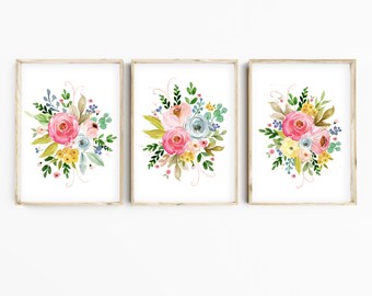 Arte mural floral digital en acuarela. Láminas para habitación de bebé niña. Arte floral para habitación de bebé. Láminas florales en acuarela. Decoración floral para oficina.