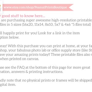 May include: Text on a pink background with the title "Really good stuff to know here..." followed by five numbered points. Point 1: You are purchasing super awesome high-resolution printable JPEG files in 5 sizes (16x20, 11x14, 8x10, 5x7 & 4x6 *5 files total). Point 2: I will happily print for you! Look for a link in the item description below. Point 3: Hooray! With this purchase you can print at home, at your favorite print shop, your fabulous photo lab or office supply store (like Staples) and have your amazing prints today!! These printable files also work great when printed on canvas. Point 4: Please see the FAQ at the bottom of this page for more great information, answers & printing instructions. Point 5: Kindly note that no physical prints or frames will be shipped with this digital item.