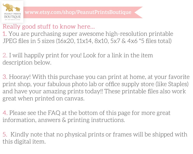 May include: Text on a pink background with the title "Really good stuff to know here..." followed by five numbered points. Point 1: You are purchasing super awesome high-resolution printable JPEG files in 5 sizes (16x20, 11x14, 8x10, 5x7 & 4x6 *5 files total). Point 2: I will happily print for you! Look for a link in the item description below. Point 3: Hooray! With this purchase you can print at home, at your favorite print shop, your fabulous photo lab or office supply store (like Staples) and have your amazing prints today!! These printable files also work great when printed on canvas. Point 4: Please see the FAQ at the bottom of this page for more great information, answers & printing instructions. Point 5: Kindly note that no physical prints or frames will be shipped with this digital item.