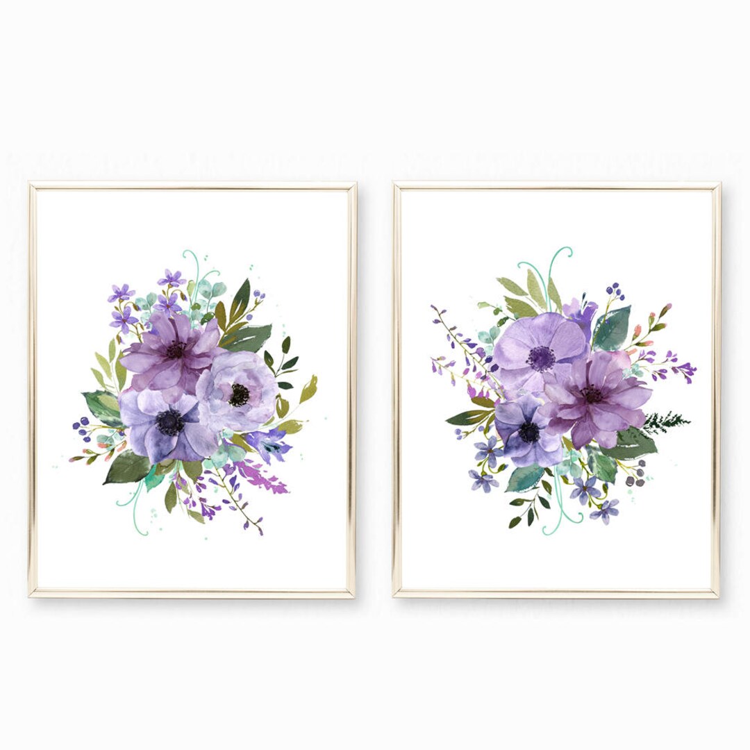 Digital Purple Floral Watercolor Prints. Purple Teal Girls Bedroom Art ...
