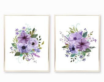 Digital Purple Floral Watercolor Prints. Purple Teal Girls Bedroom Art. Purple Flower Wall Art. Teal Lilac Aqua Turquoise lavender Nursery