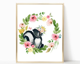 Printable Floral Skunk Nursery Art. Skunk Print. Skunk Printable. Floral Skunk. Skunk Art. Skunk Decor. Watercolor Skunk. Baby Skunk Girl