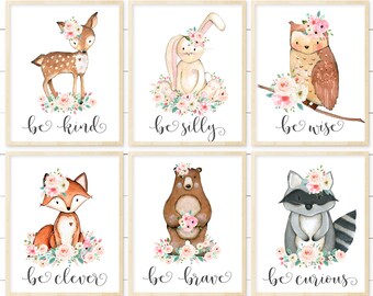 Printable Nursery Art. Pink Peach and Teal Nursery Wall Art. Baby Decor. Woodland Nursery Decor. Be Kind, Be Brave. Forest Animals Nursery.