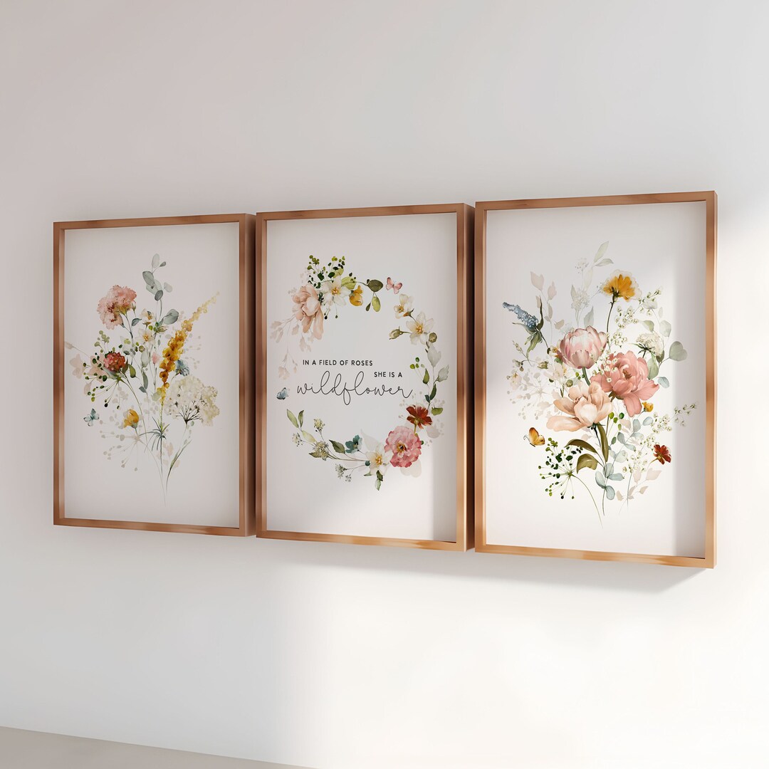 DIGITAL Floral Nursery Wall Art. Set of 3 in a Field of Roses She is a Wildflower Prints. Girl ...