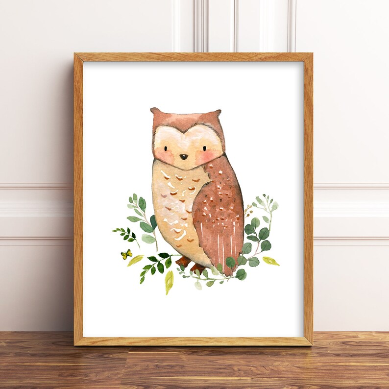May include: A watercolour painting of a brown owl with large eyes, sitting on a branch with green leaves. The owl is surrounded by small yellow flowers.