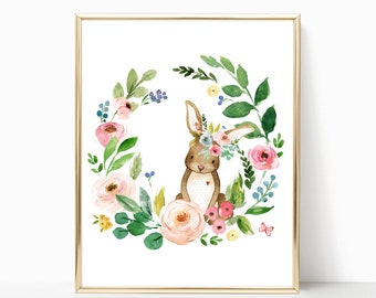 Printable Floral Rabbit Nursery Art. Rabbit Print. Rabbit Printable. Floral Rabbit. Rabbit Art. Rabbit Nursery Decor. Watercolor Rabbit Art