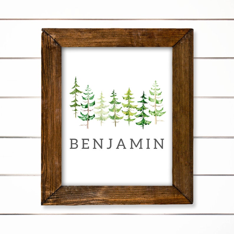 May include: A framed print with a watercolor illustration of a row of green pine trees and the name "BENJAMIN" printed below.