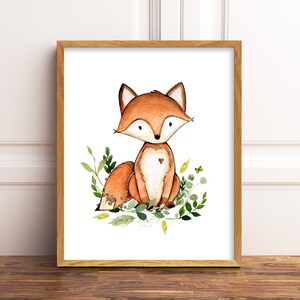 May include: A watercolour painting of a cute fox sitting in a bed of green leaves with yellow flowers. The fox has a heart on its chest and is looking at the viewer.