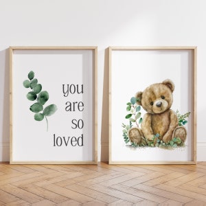 DIGITAL Nursery Prints, Printable Greenery Teddy Bear Nursery Art, Teddy Bear Nursery Decor, Greenery Teddy Bear Nursery Wall Art Prints