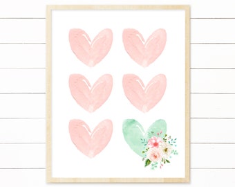 Hearts Nursery Art Printable. Pink and Mint Nursery Art. Girl Nursery Art. Nursery Wall Art. Pink Hearts Nursery Art. Six Hearts Print Decor