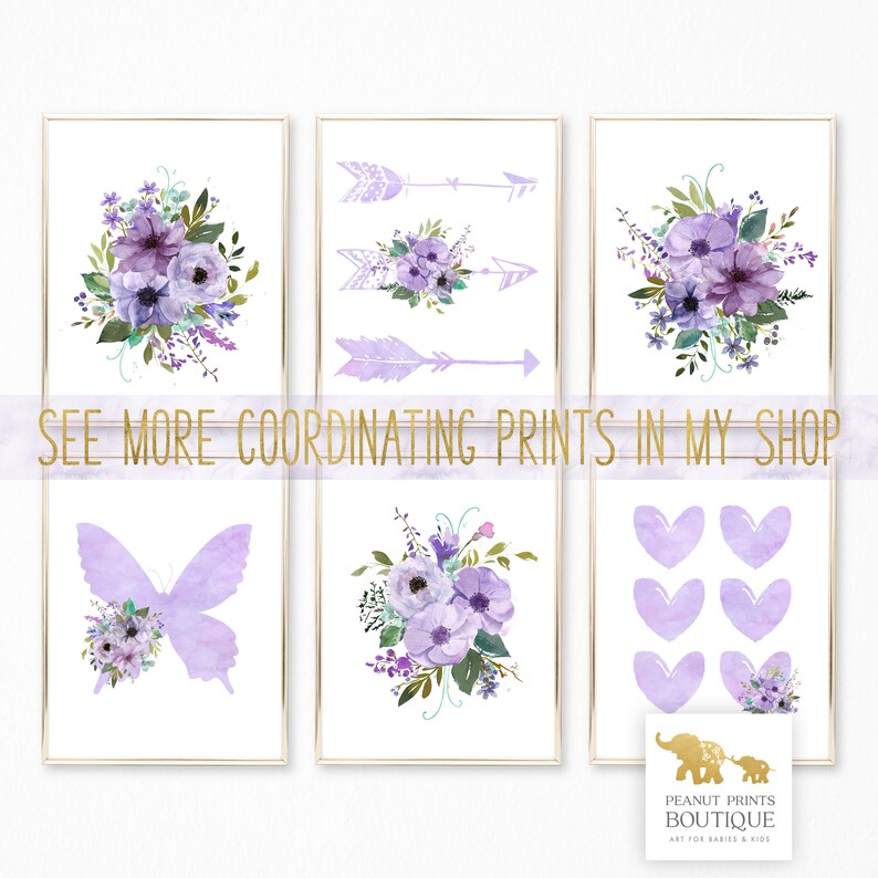 May include: Set of six printable wall art prints featuring purple and green floral designs, butterflies, arrows, and hearts. The prints are perfect for a nursery or child's room. "See more coordinating prints in my shop" text is included.