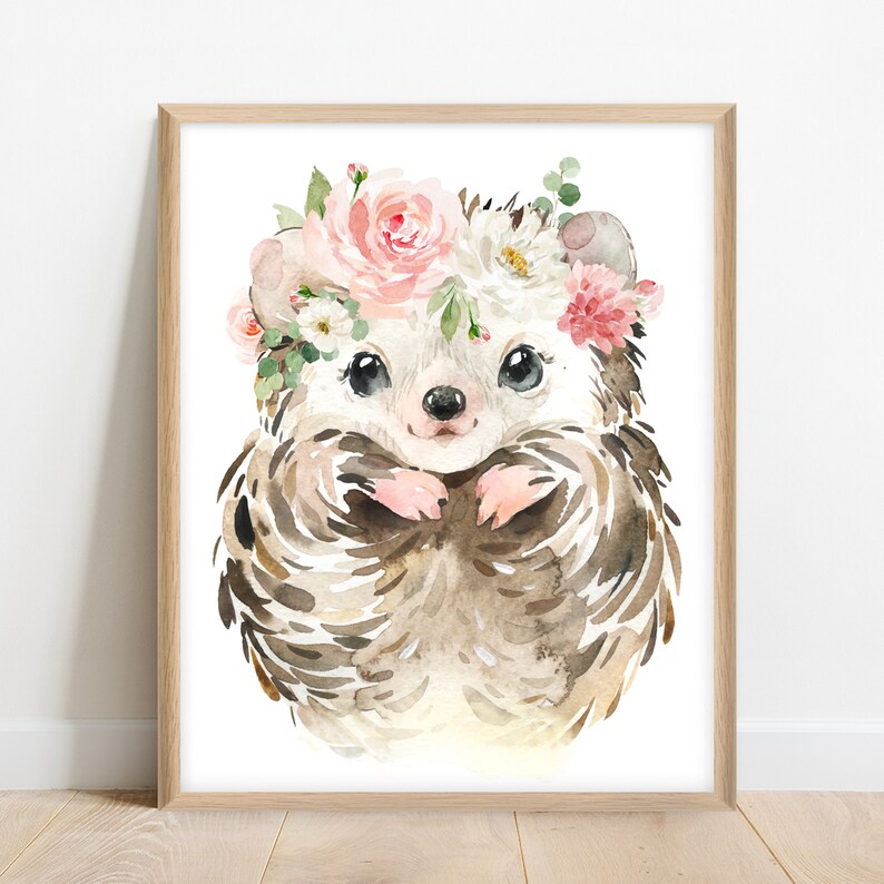 May include: A watercolor painting of a hedgehog wearing a pink and white flower crown. The hedgehog is brown and has a cute, cartoon-like face.
