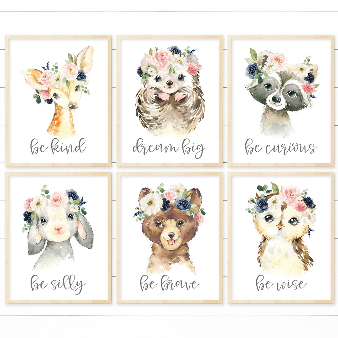 Blush Pink and Navy Floral Nursery Prints Printable Files, Baby Girl ...