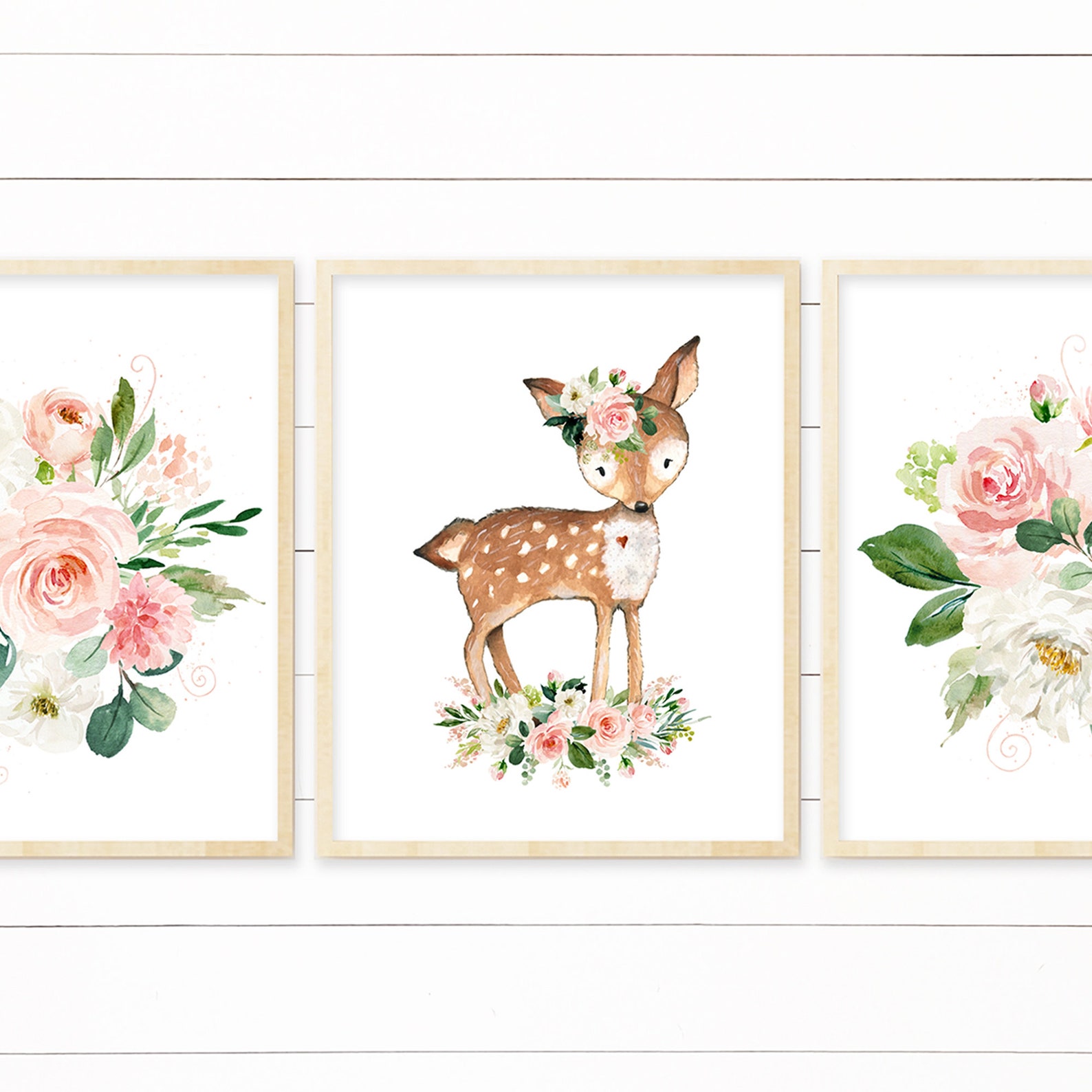 Set of 3 Floral Deer Nursery Art Printables. Woodland Deer | Etsy