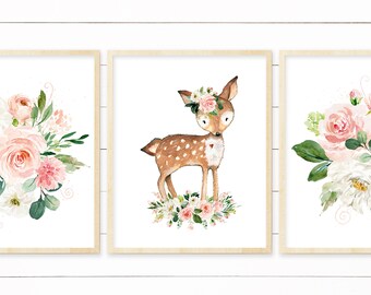 Set of 3 Floral Deer Nursery Art Printables. Woodland Deer Art. Blush Floral Nursery Decor. Baby Deer Printable Nursery Art. Floral Fawn