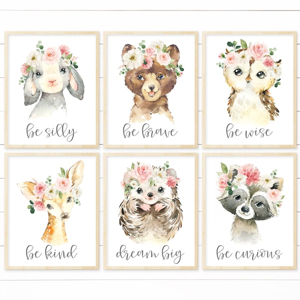 Baby Girl Nursery Wall Art PRINTABLE, Woodland Nursery, Woodland Animal Prints, Girls Room Decor, Nursery Animal Print Floral Nursery Prints