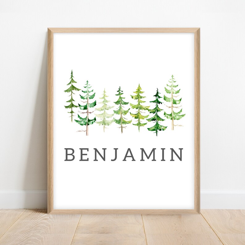 May include: A framed print with a watercolor illustration of a row of green pine trees. The name "BENJAMIN" is printed below the trees.