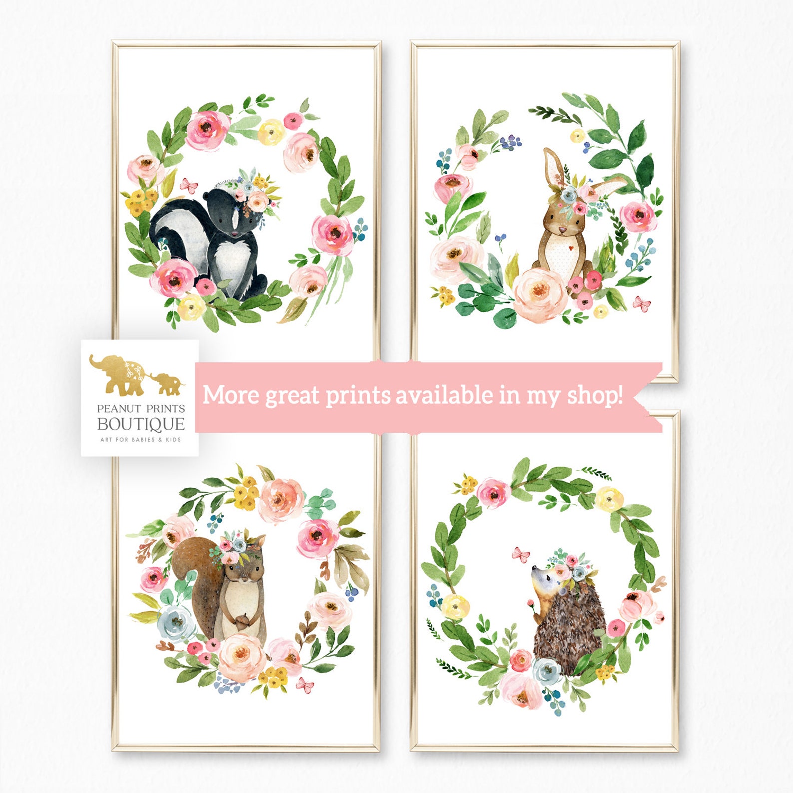 Set of 4 Woodland Animals Prints, Printable Baby Girl Nursery Wall Art ...