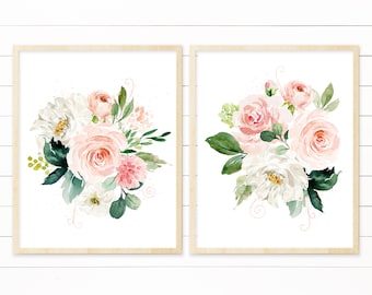 Stampa floreale Baby Girl Nursery Set di 2 file Jpeg stampabili. Arte floreale della parete dell'acquerello. Stampe di fiori ad acquerello floreali per vivaio