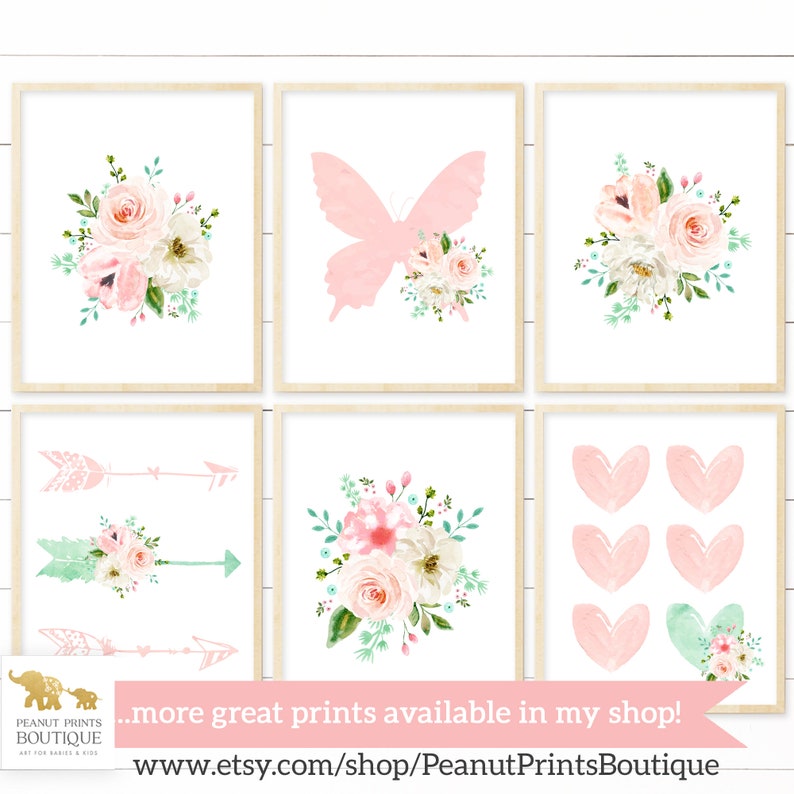 Woodland Nursery Printable Art Set of 6. Pink and Teal Floral Nursery Decor. Floral Woodland Nursery Decor. Nursery Prints. Nursery Wall Art image 9